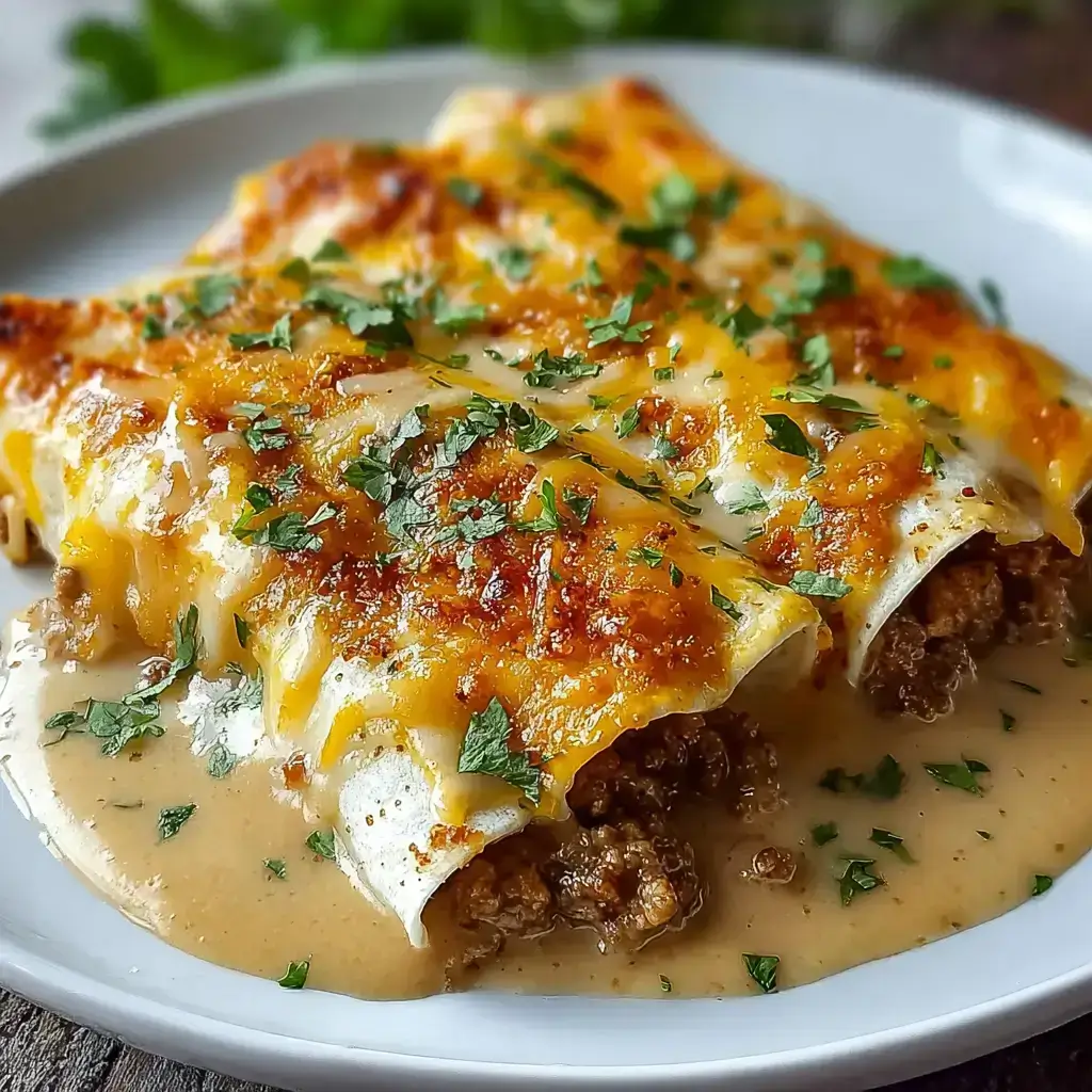Breakfast enchiladas topped with creamy sausage gravy