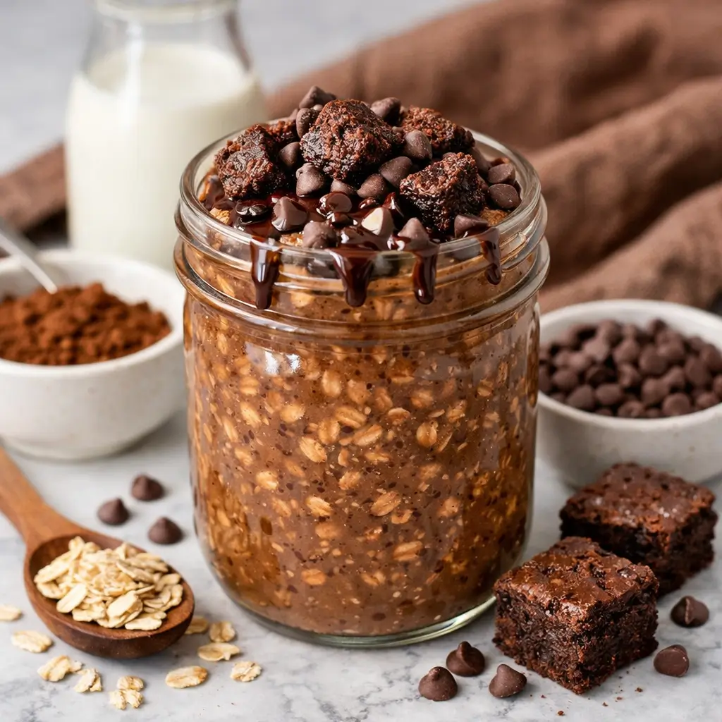 Brownie batter overnight oats in a jar with chocolate topping