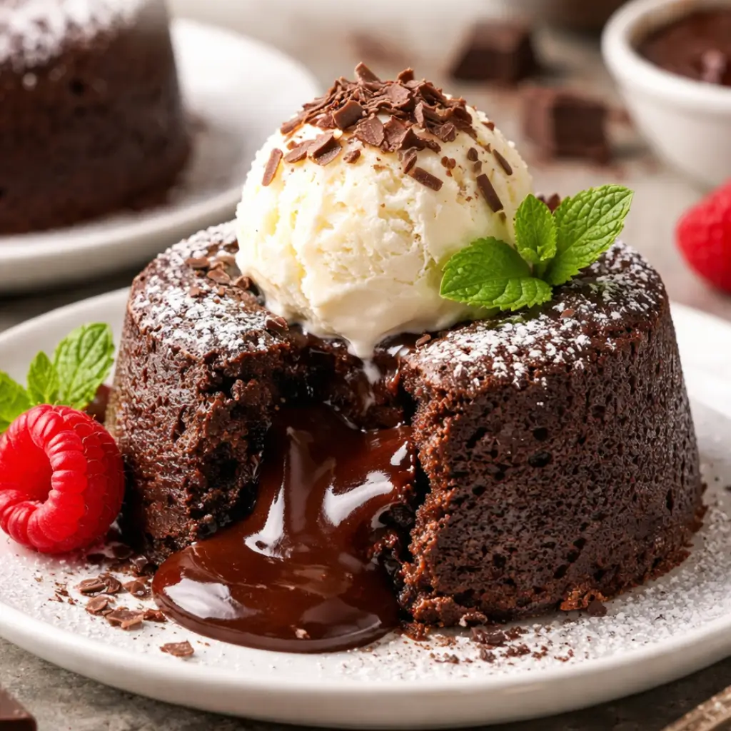 Chocolate lava cakes with a molten center, styled for serving