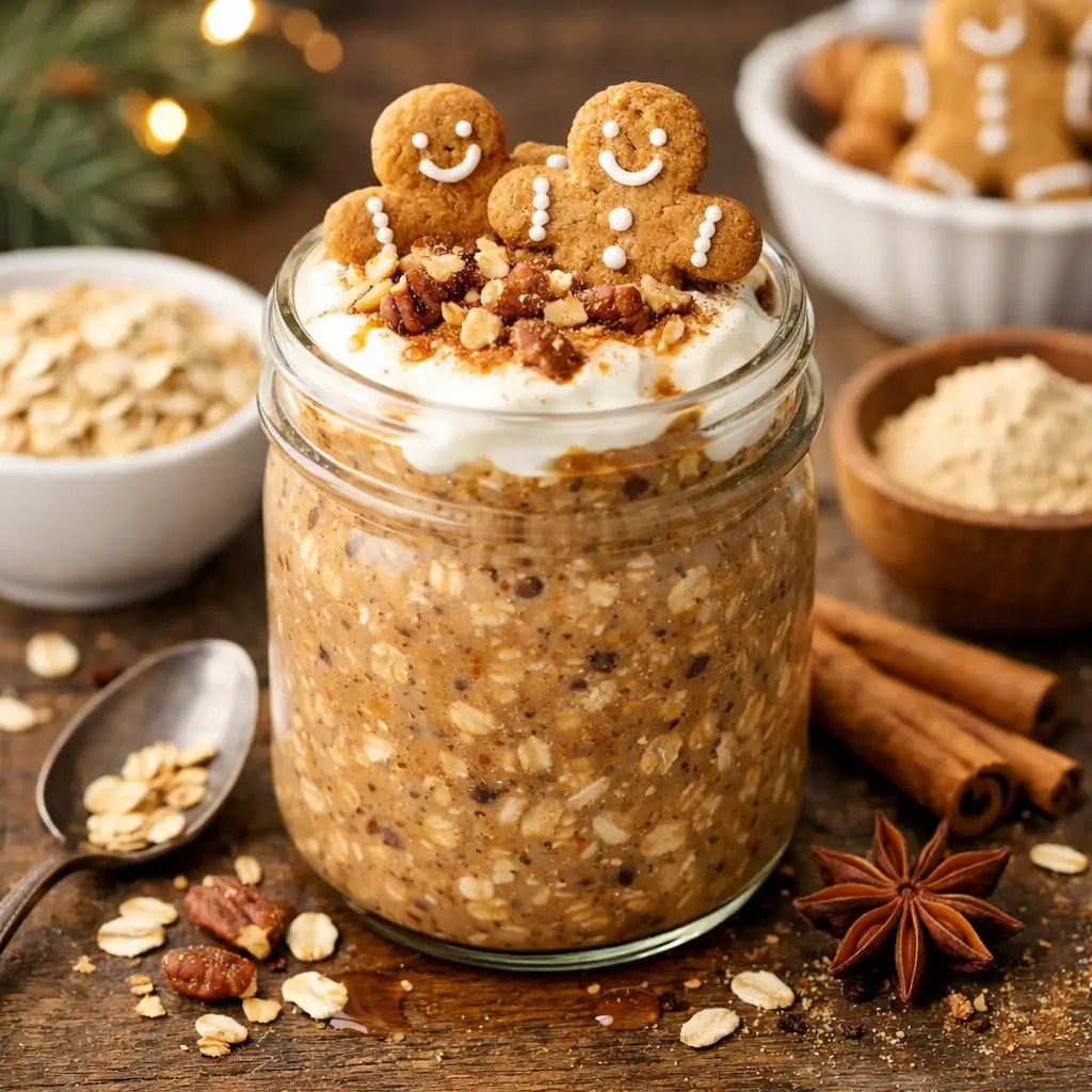 High protein gingerbread overnight oats in a jar