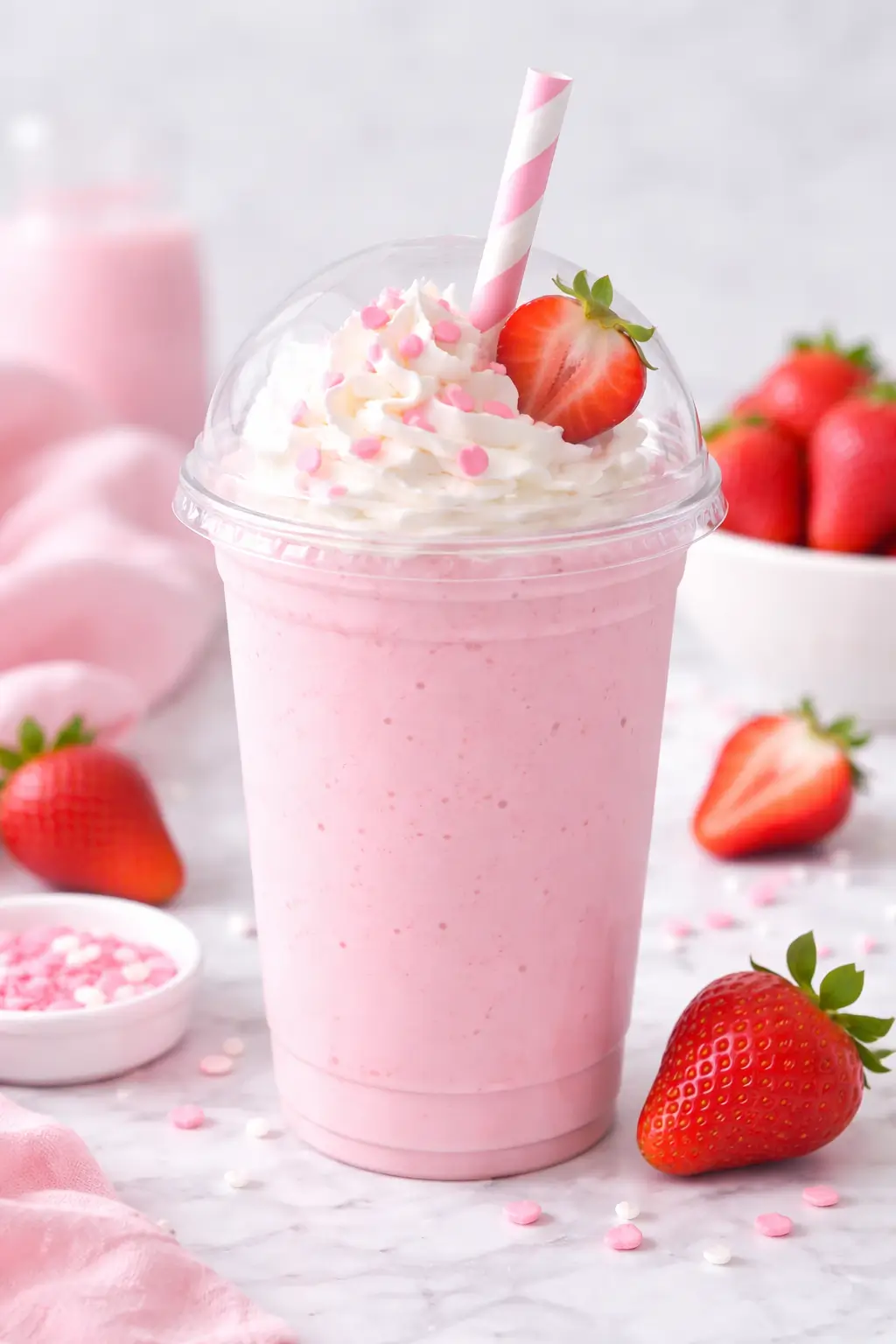 Pink strawberry milk in a glass, styled for Valentine's Day