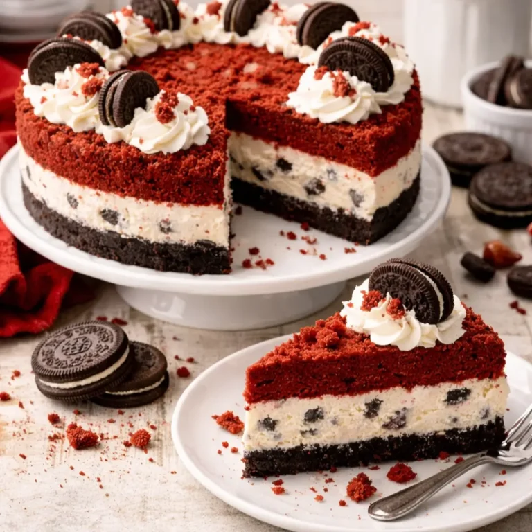 Red velvet Oreo cheesecake slice with creamy layers