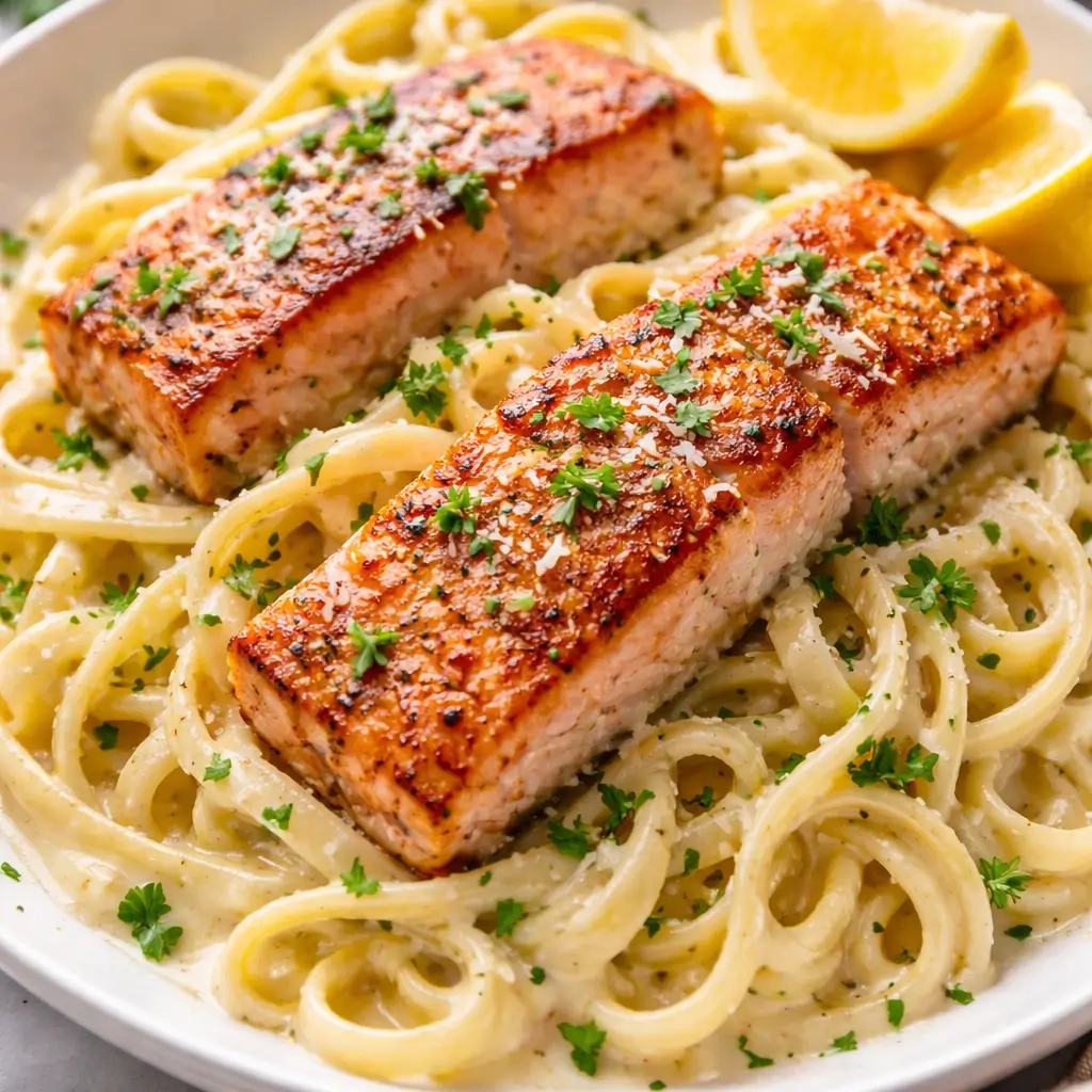 Salmon alfredo pasta plated with creamy sauce