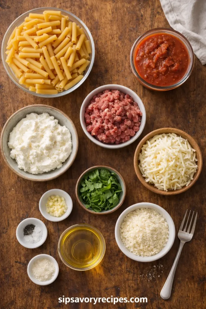 Baked-Ziti-with-Ground-Beef-and-Ricotta-ingredients