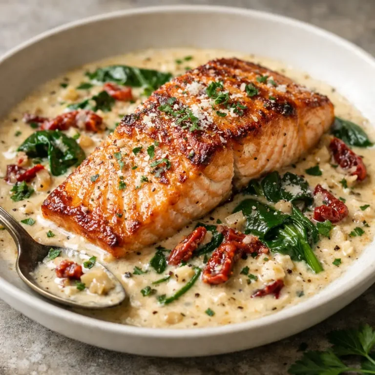 Creamy Tuscan salmon in garlic cream sauce for a romantic Valentine’s Day dinner