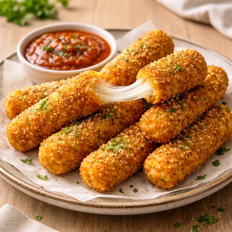 Crispy homemade mozzarella sticks with melted cheese for game day