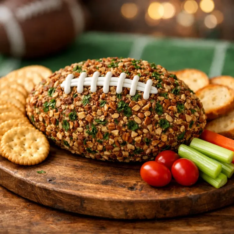 Football cheese ball shaped appetizer for game day party