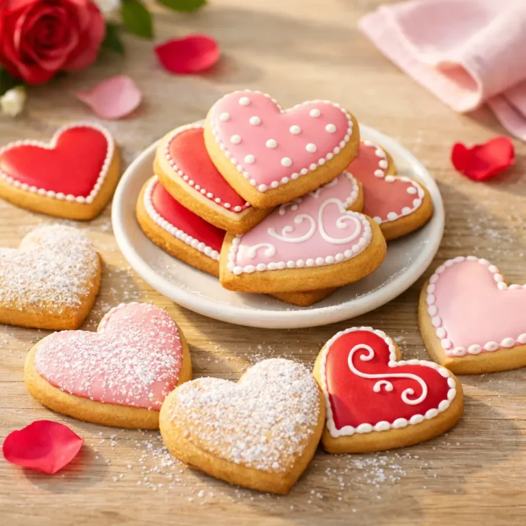 Heart-shaped cookies decorated for Valentine’s Day