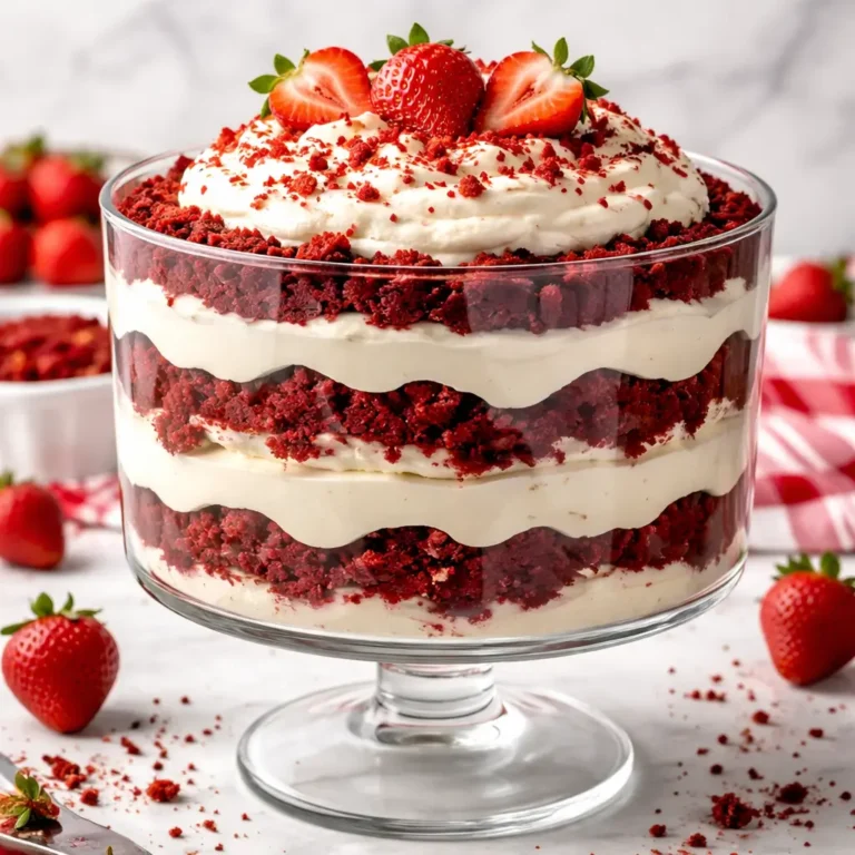 Red velvet cake trifle layered in a glass dish