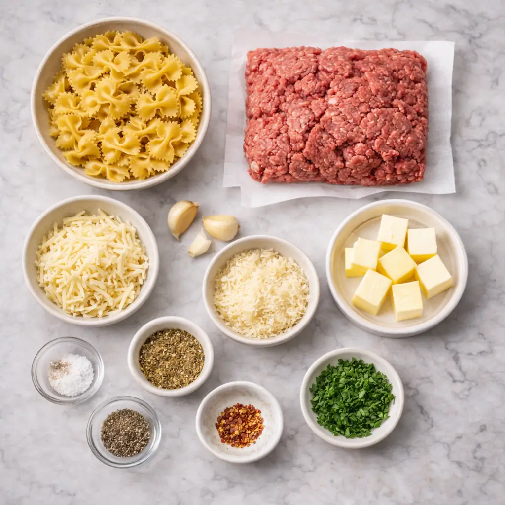 Garlic-Butter-Bowtie-Pasta-with-Ground-Beef-ingredients