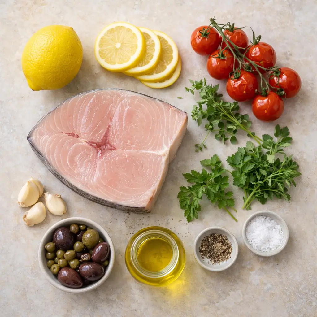 Mediterranean-Garlic-Lemon-Herb Oven-Baked-Swordfish-ingredients