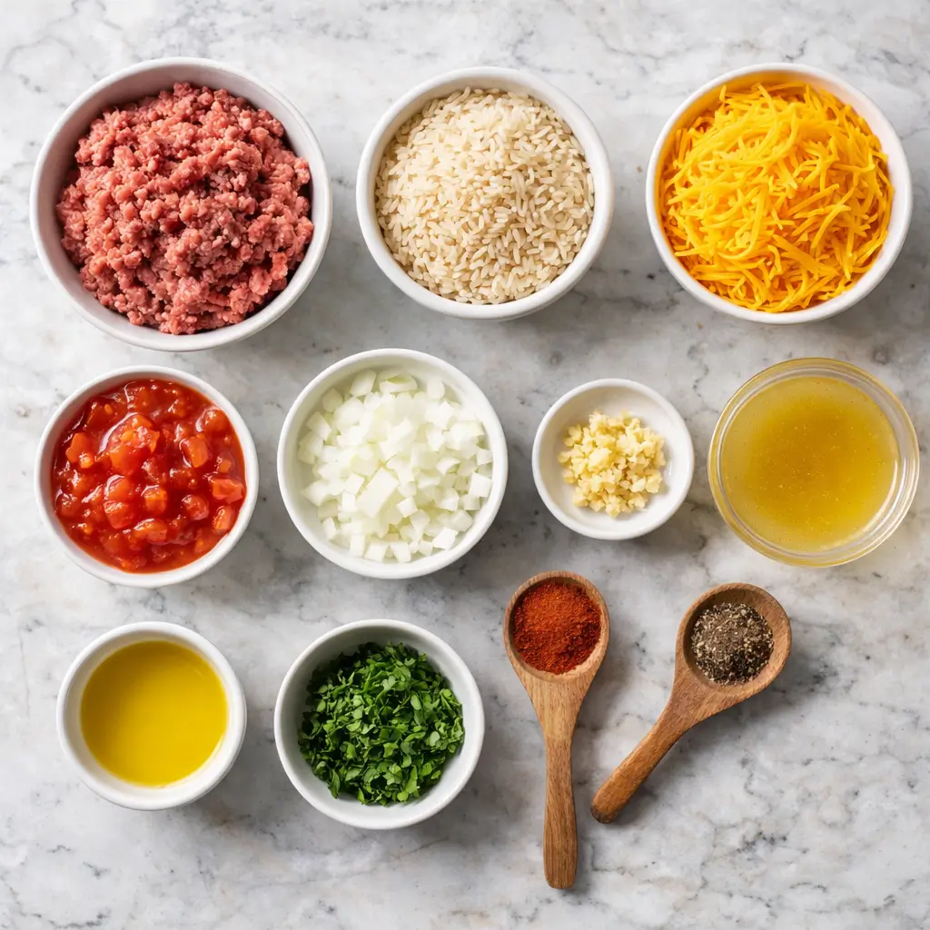 Cheesy-Ground-Beef-and-Rice-Casserole-ingredients