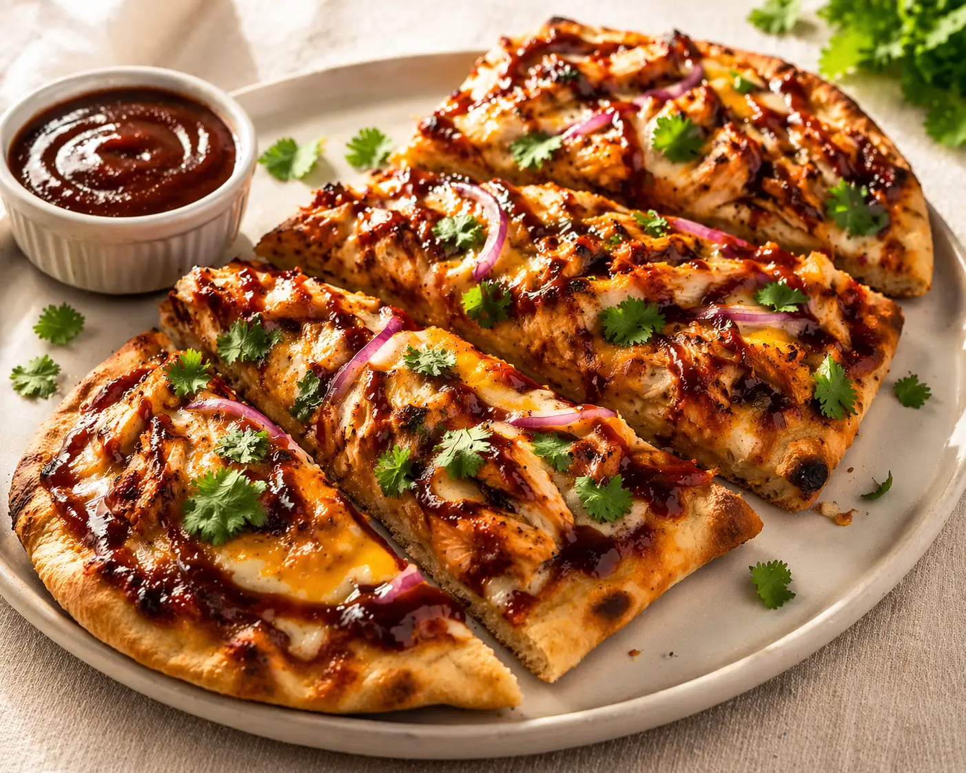 BBQ chicken flatbread sliced into four pieces on a white ceramic plate with extra BBQ sauce on the side