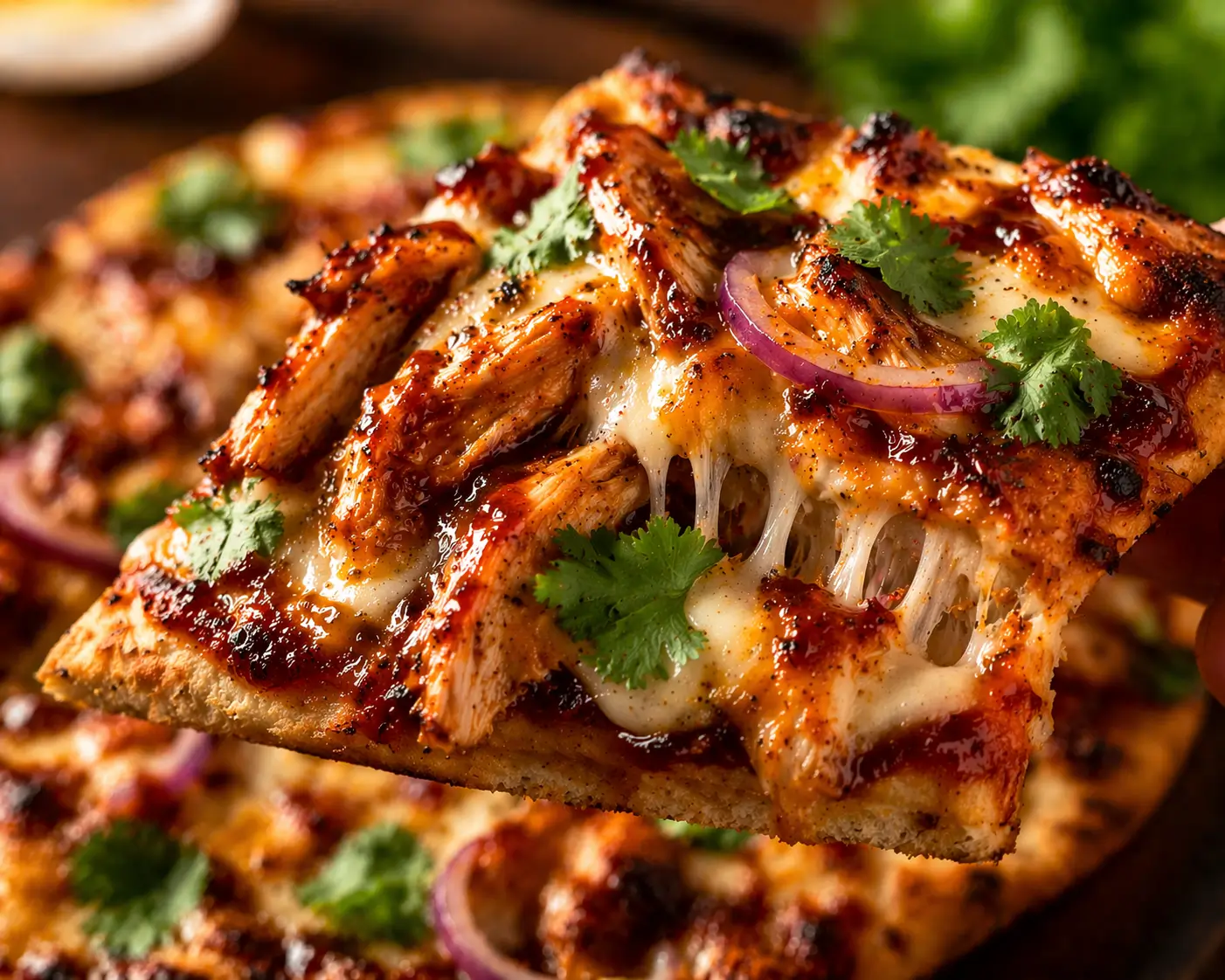 Close-up of BBQ chicken flatbread slice showing crispy base smoky BBQ sauce shredded glazed chicken stretchy melted mozzarella red onion and fresh cilantro