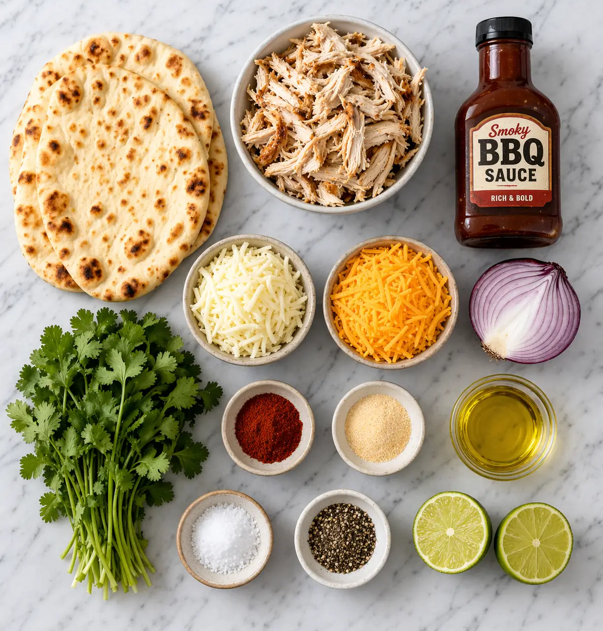 All BBQ chicken flatbread ingredients laid out on a grey marble surface including naan flatbreads shredded chicken BBQ sauce mozzarella cheddar red onion and fresh cilantro