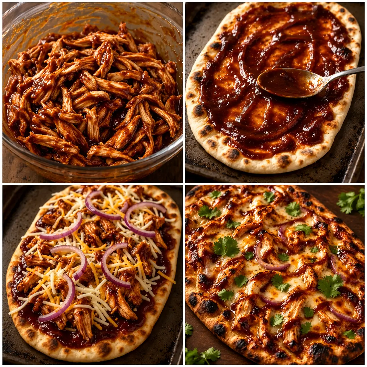 Four step collage showing shredded chicken tossed in BBQ sauce spreading BBQ sauce on flatbread loading cheese and chicken toppings and the finished golden bubbly BBQ chicken flatbread