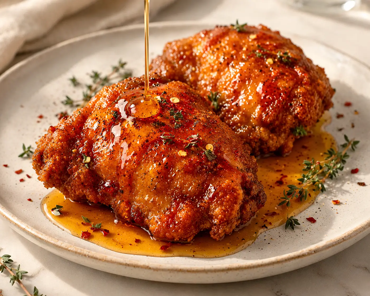 Baked crunchy hot honey chicken on a white ceramic plate with hot honey glaze being drizzled over the top