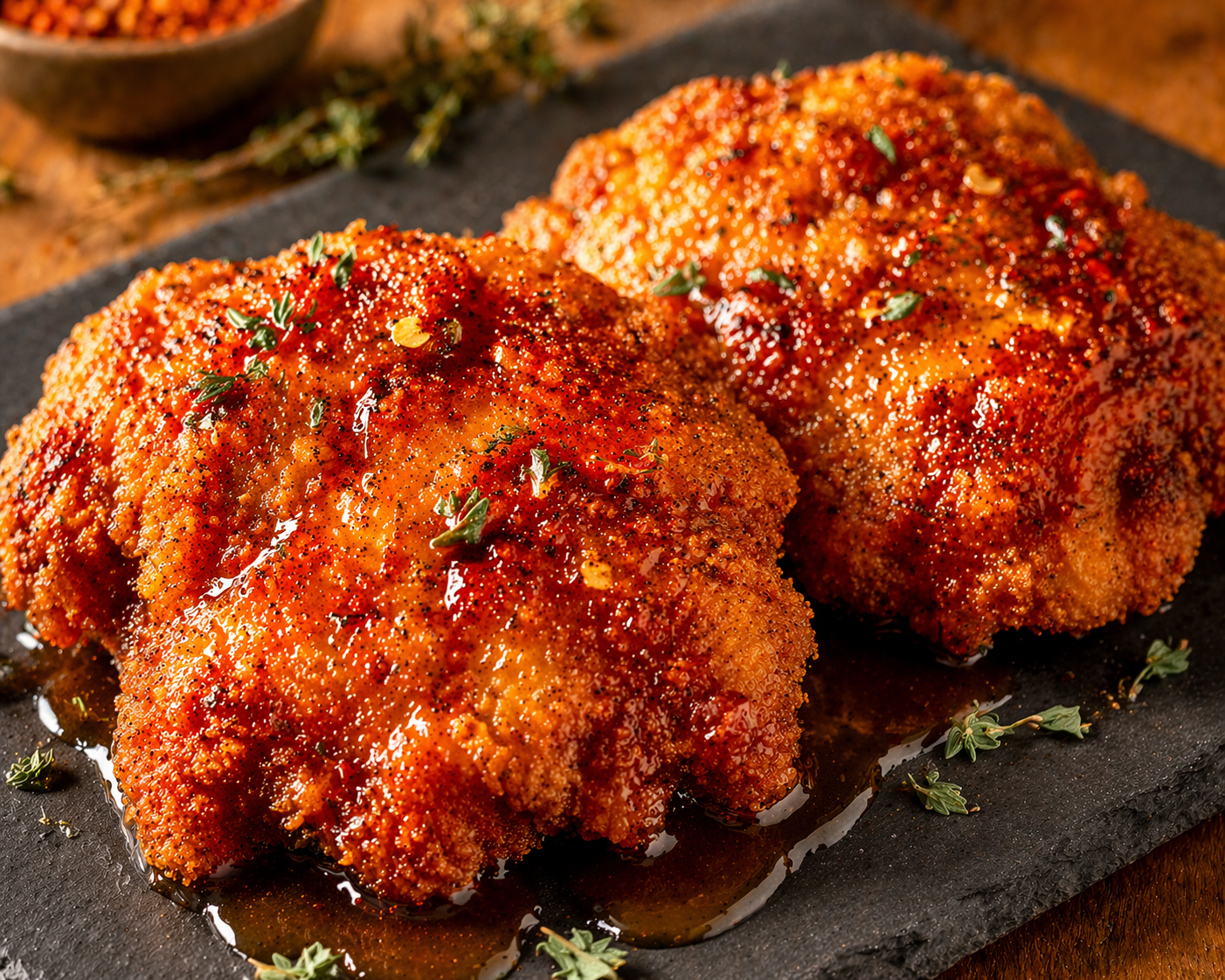 Close-up of baked crunchy hot honey chicken showing the golden crispy panko crust with glossy amber hot honey glaze and red chili flakes