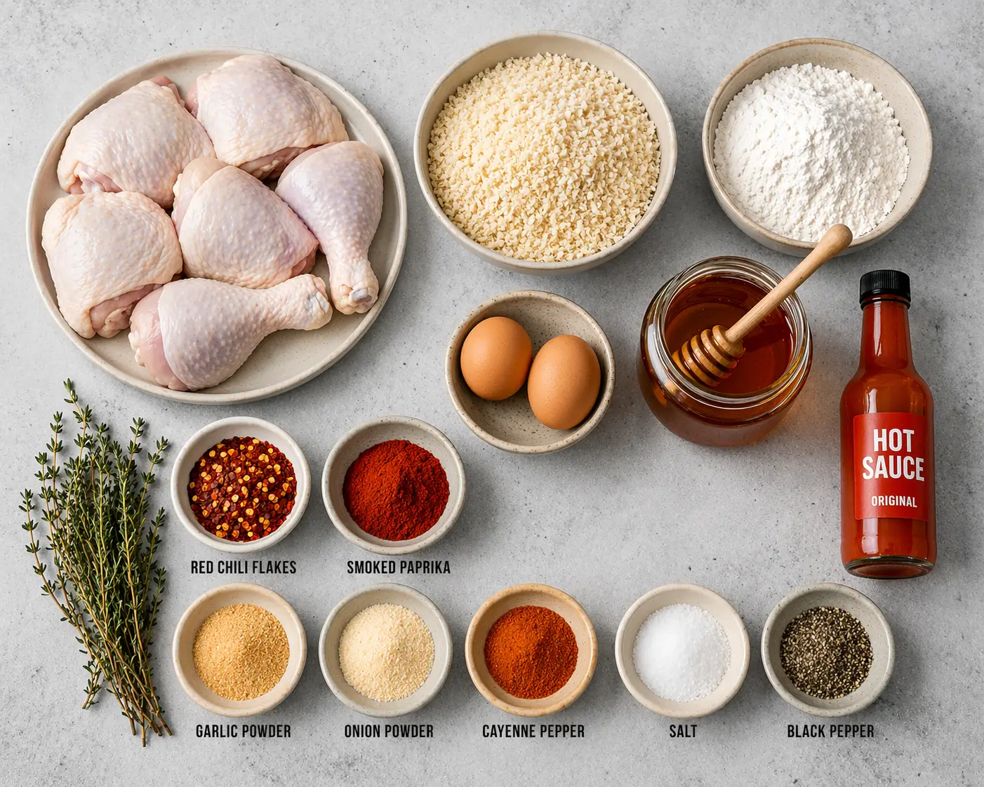 All ingredients for baked crunchy hot honey chicken laid out on a grey concrete surface including chicken thighs, panko breadcrumbs, honey, hot sauce and spices