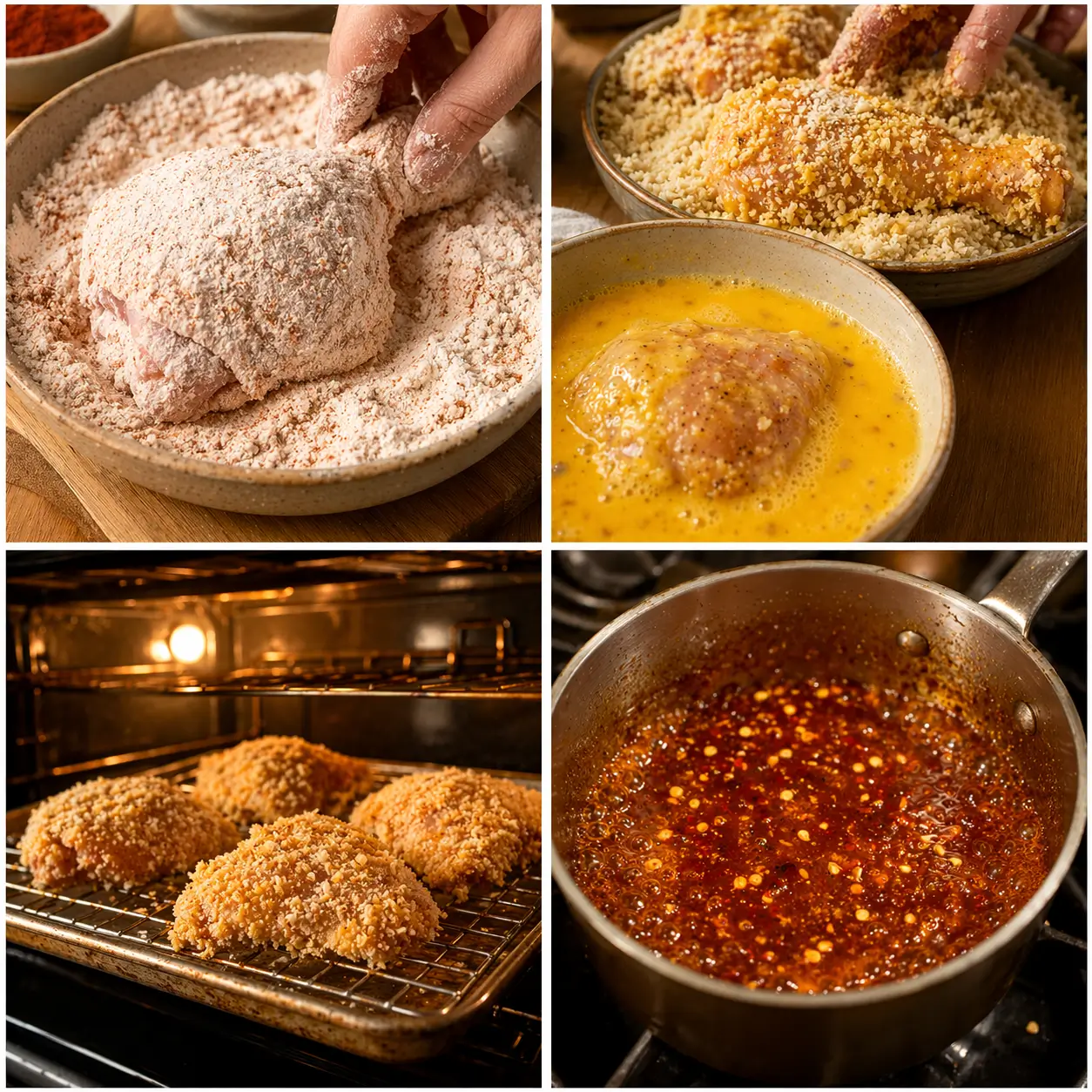 Four-step collage showing the process of making baked crunchy hot honey chicken — coating in flour, pressing into panko, baking on a wire rack, and brushing with hot honey glaze