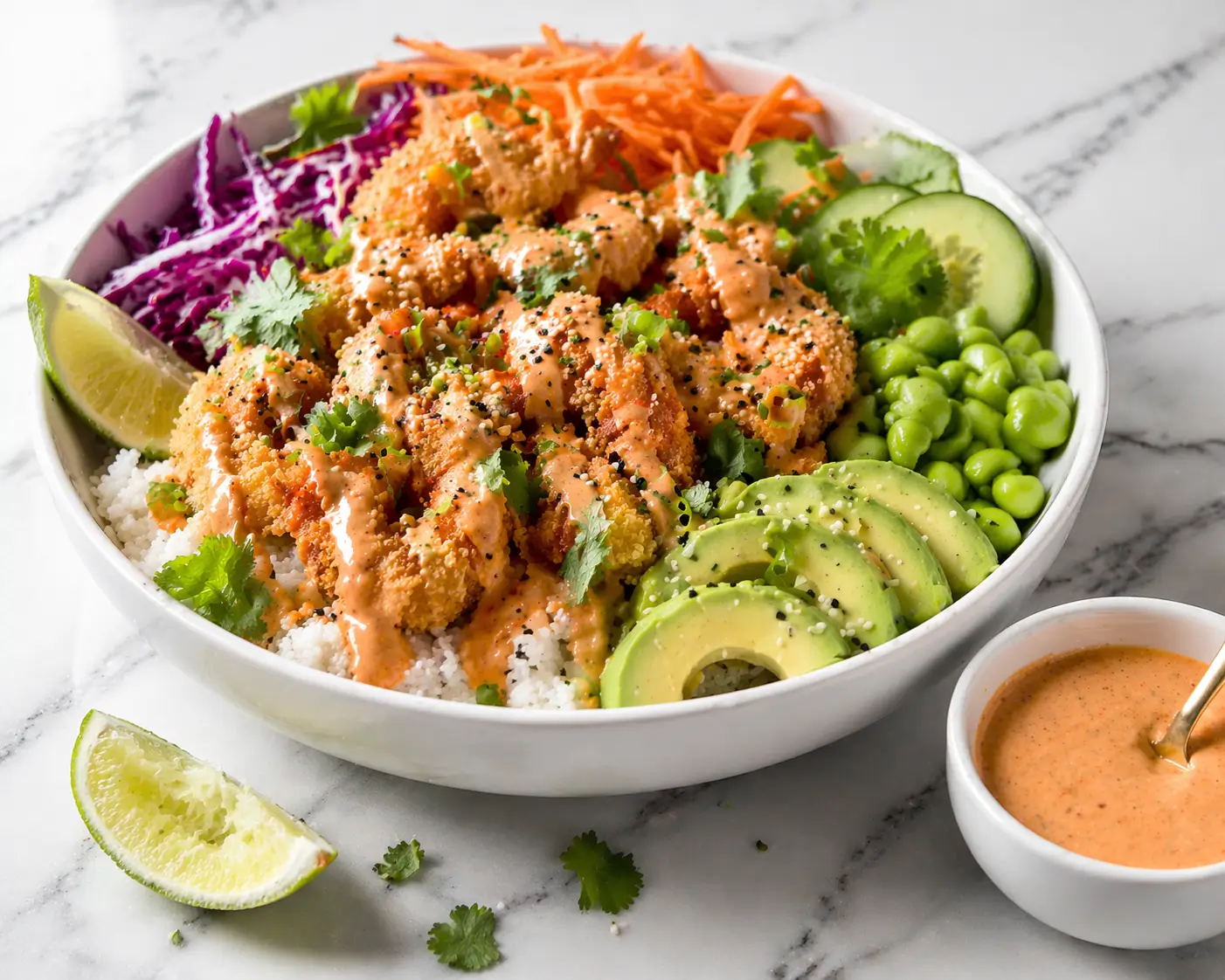 Bang bang shrimp bowl in a wide white ceramic bowl with crispy golden shrimp bang bang sauce colorful vegetables and lime wedge
