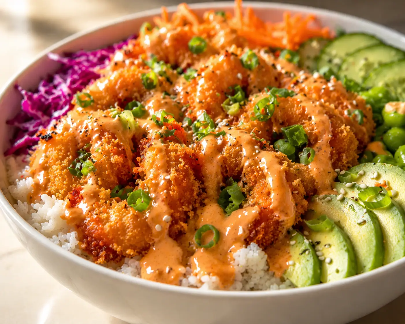 Close-up of a bang bang shrimp bowl showing crispy golden panko shrimp glistening with creamy orange-pink bang bang sauce purple cabbage carrots avocado and sesame seeds