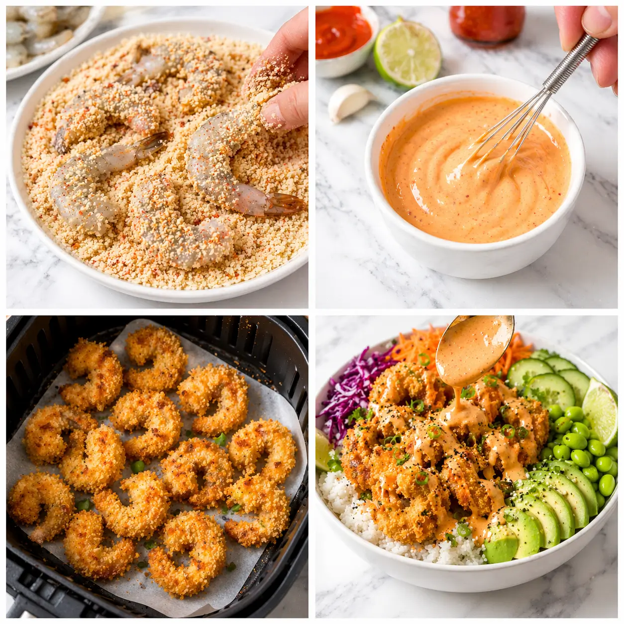 Four step collage showing shrimp being coated in panko bang bang sauce being made in a white bowl golden crispy shrimp in air fryer basket and finished bang bang shrimp bowl being assembled with shrimp and sauce drizzled over colorful vegetables