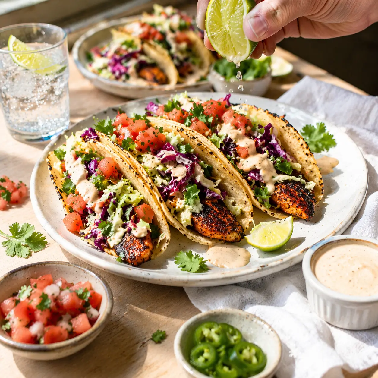 Three blackened tilapia tacos on a white ceramic plate with cabbage slaw, pico de gallo, chipotle sauce and lime wedges