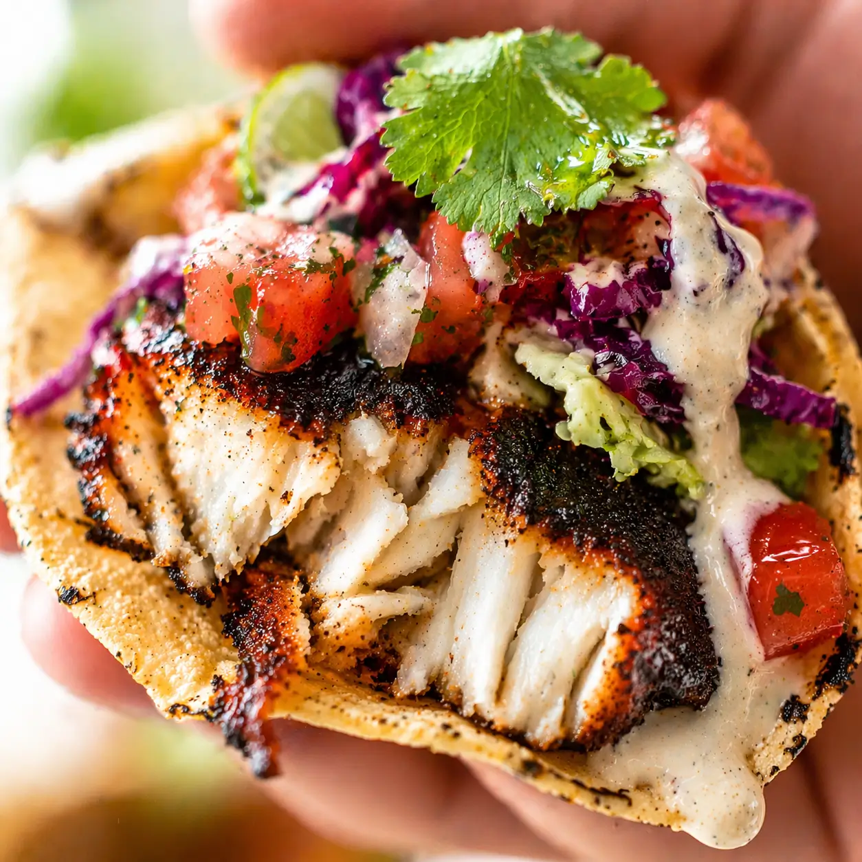 Hand holding a blackened tilapia taco with chipotle sauce dripping down the side showing flaky fish interior, purple cabbage and fresh cilantro