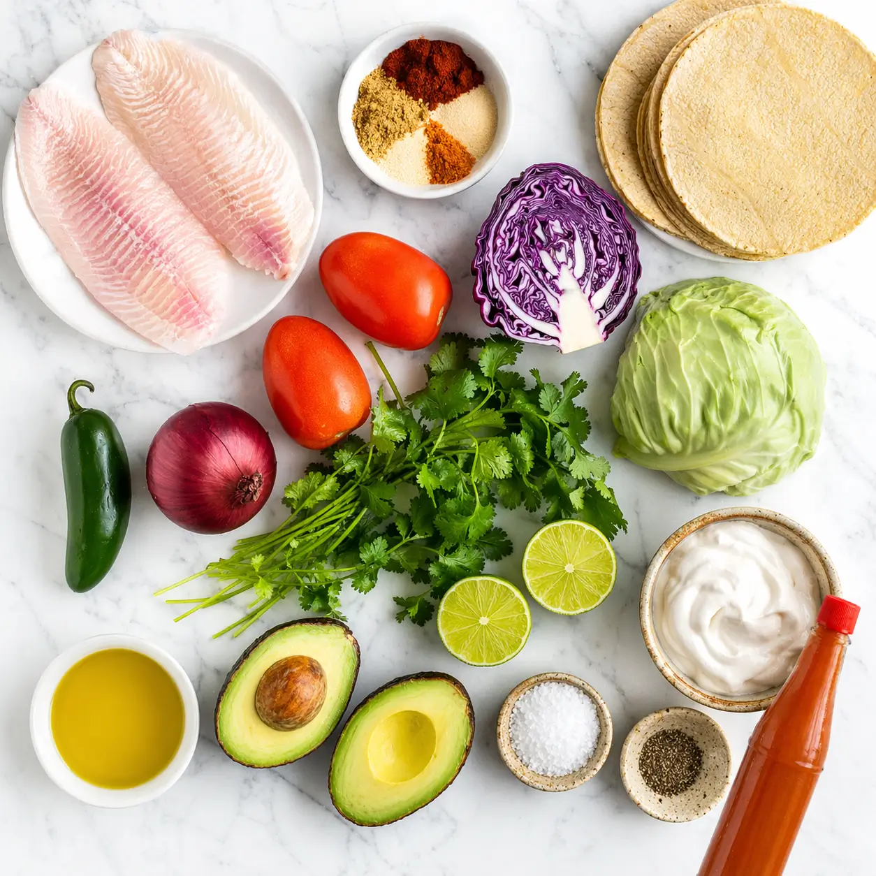 All ingredients for blackened tilapia tacos laid out on a white marble surface including tilapia fillets, spices, corn tortillas, purple cabbage, tomatoes, cilantro and limes