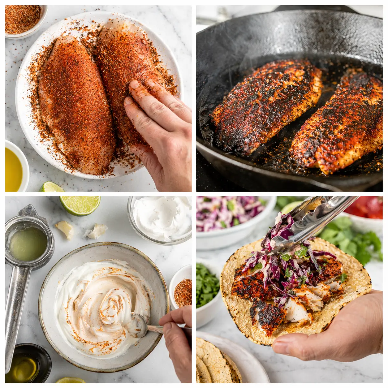 Four-panel collage showing the steps to make blackened tilapia tacos: seasoning fish, searing in cast iron, making chipotle sauce, and assembling tacos