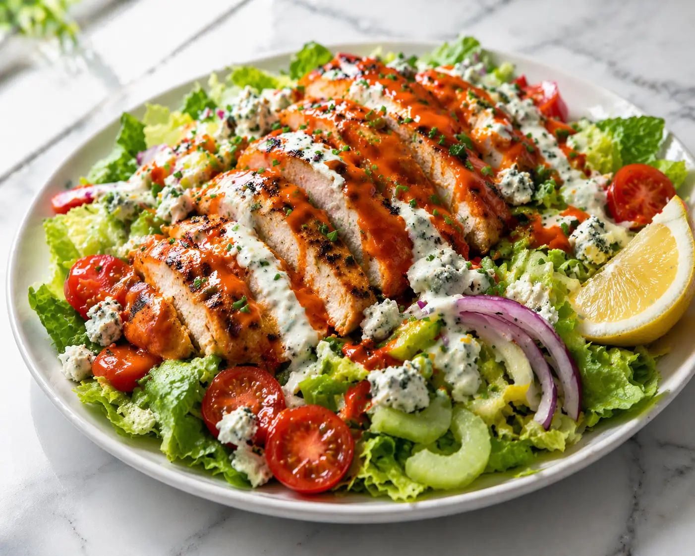 Buffalo grilled chicken salad on a large white ceramic plate with thick slices of buffalo-glazed grilled chicken fanned over crisp romaine with blue cheese cherry tomatoes and ranch dressing