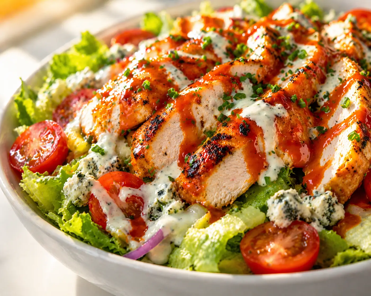 Close-up of buffalo grilled chicken salad in a white ceramic bowl showing glossy orange-red buffalo glazed chicken slices with char marks over crisp romaine with crumbled blue cheese cherry tomatoes and ranch dressing drizzled over