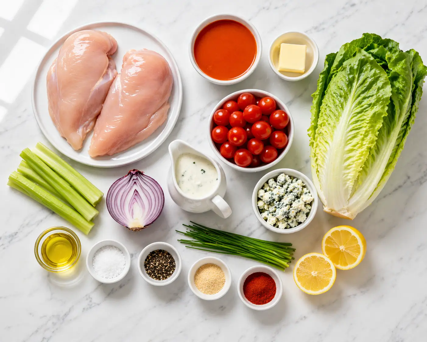 All buffalo grilled chicken salad ingredients laid out on white marble including chicken breasts Frank's hot sauce butter romaine lettuce cherry tomatoes celery blue cheese ranch dressing and fresh chives