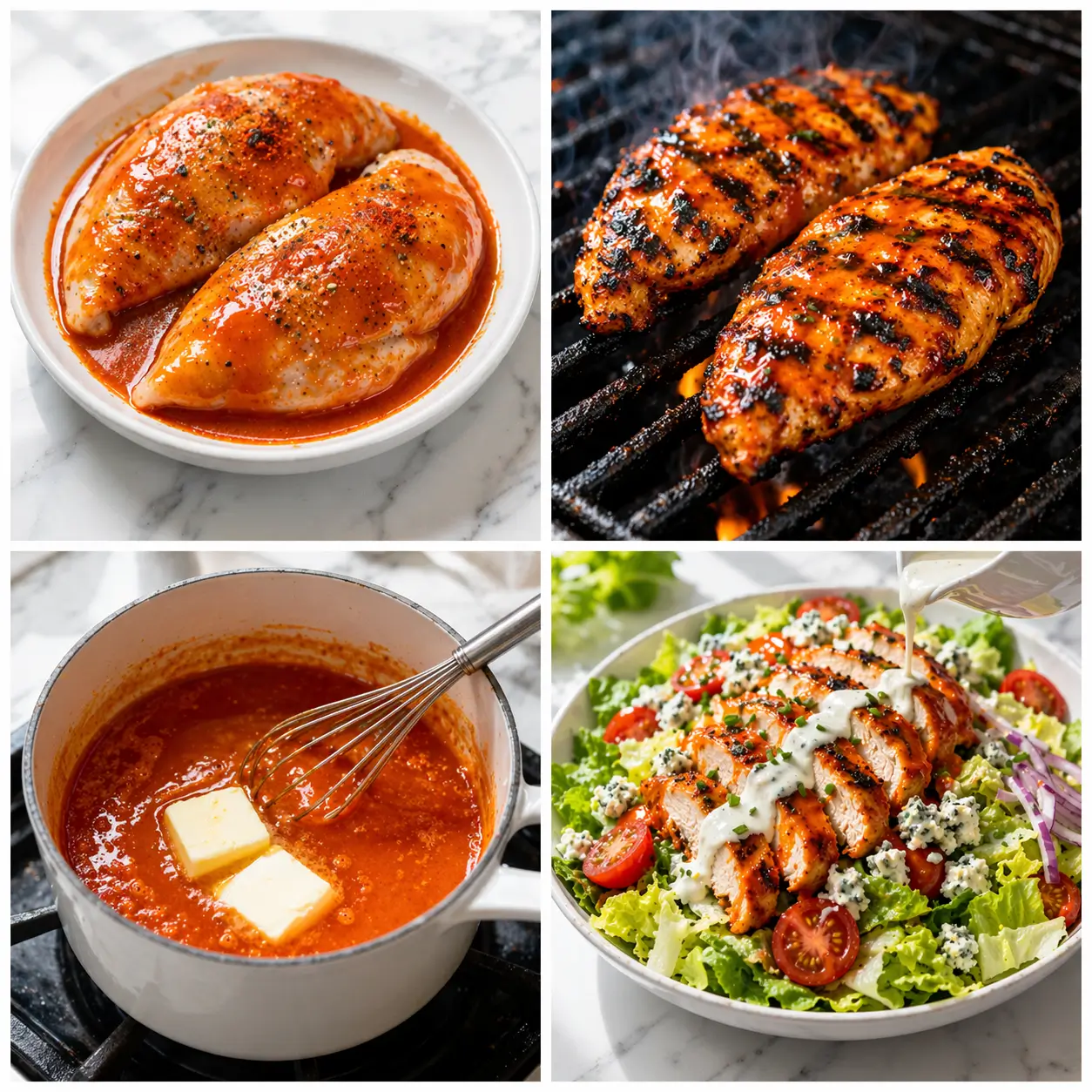 Four step collage showing chicken being coated in buffalo sauce in a white dish chicken on a hot grill with char marks buffalo sauce being made in a small saucepan and the finished salad being assembled with buffalo chicken slices over romaine and ranch dressing drizzled over