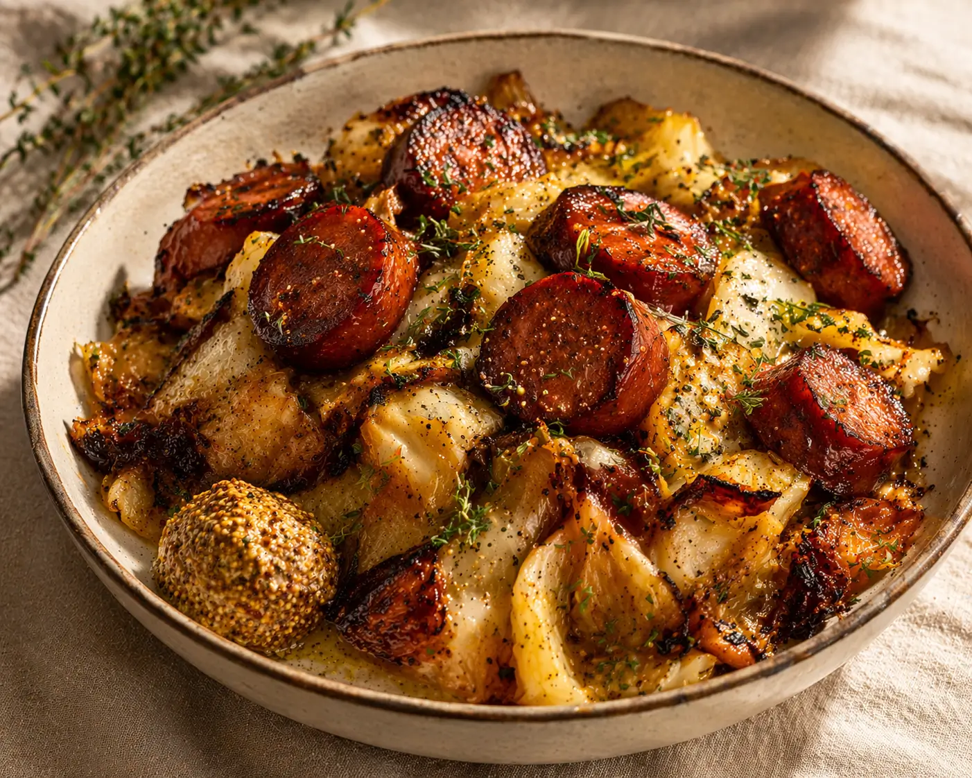 Caramelized cabbage and sausage skillet served in a shallow bowl with whole grain mustard and fresh thyme