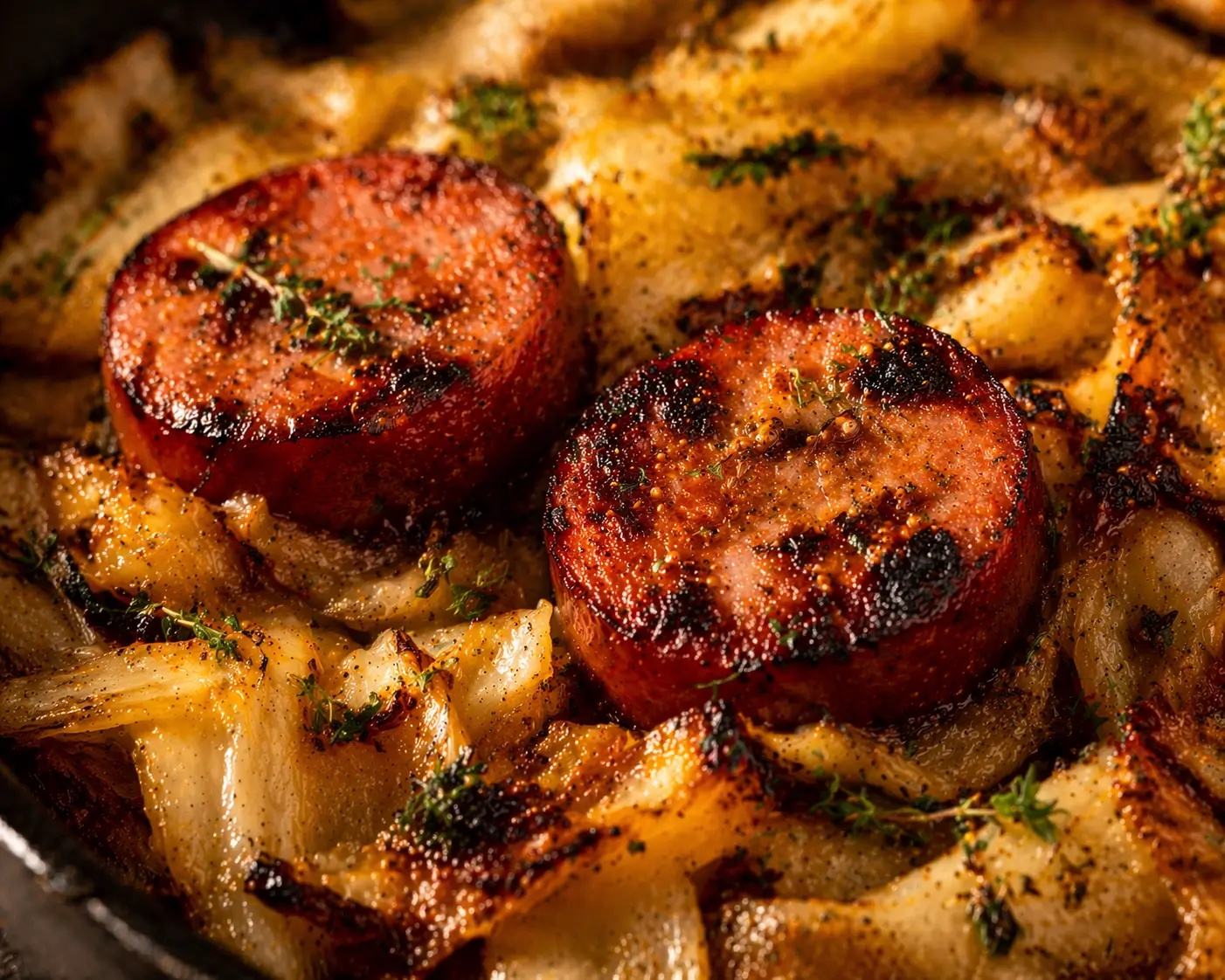 Close-up of caramelized cabbage and sausage skillet showing deeply golden silky cabbage with caramelized sausage slices caraway seeds and thyme