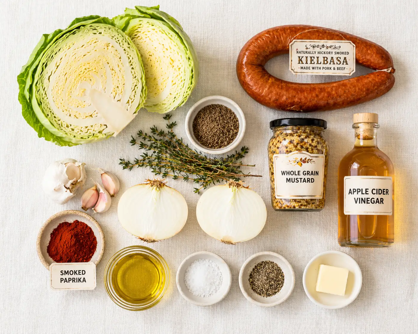 All ingredients for caramelized cabbage and sausage skillet laid out on a cream linen surface including green cabbage, kielbasa sausage, caraway seeds, whole grain mustard and apple cider vinegar