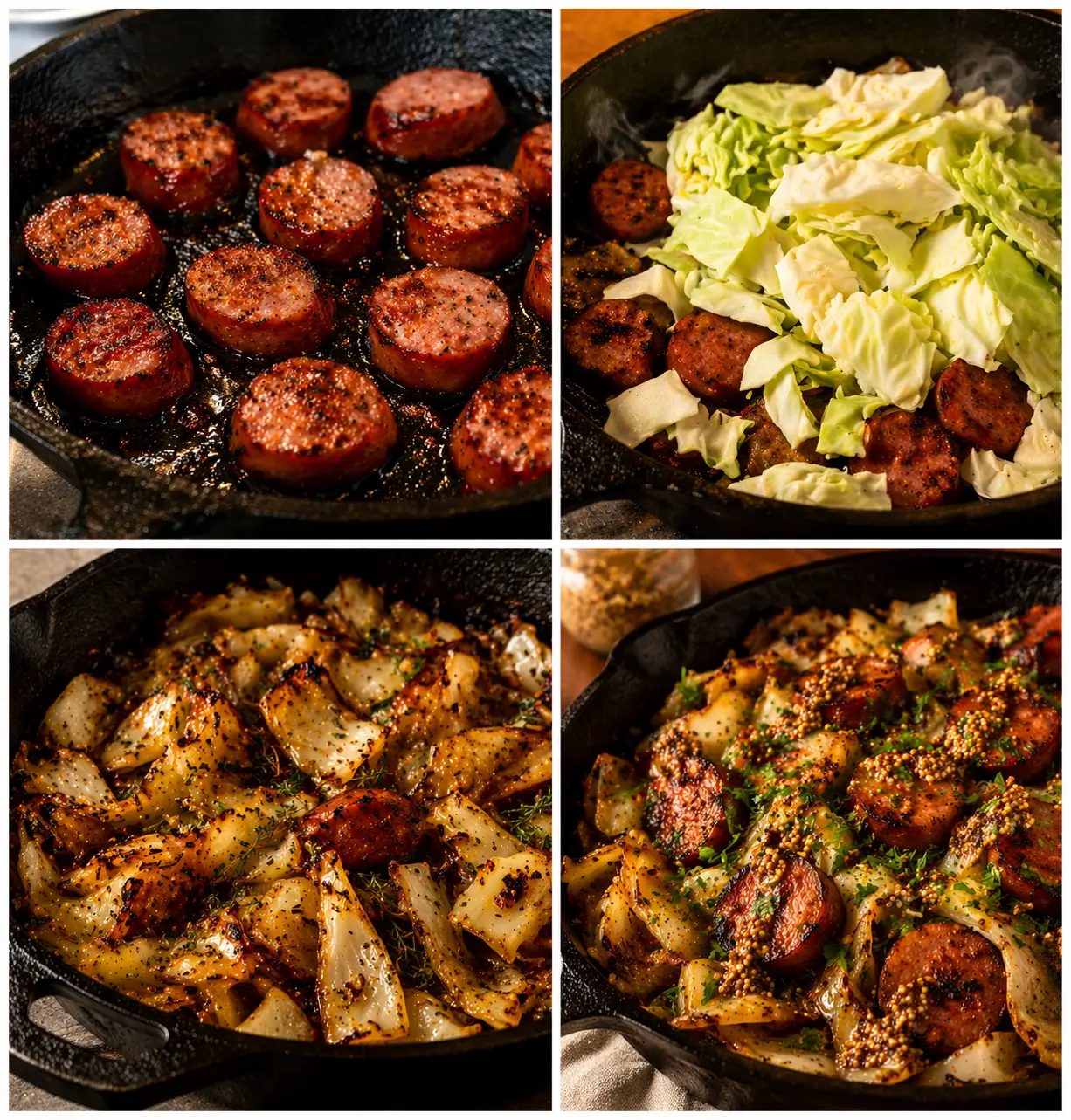 Four-step collage showing sausage searing in cast iron, raw cabbage added to pan, deeply caramelized golden cabbage, and the finished skillet garnished with parsley and mustard