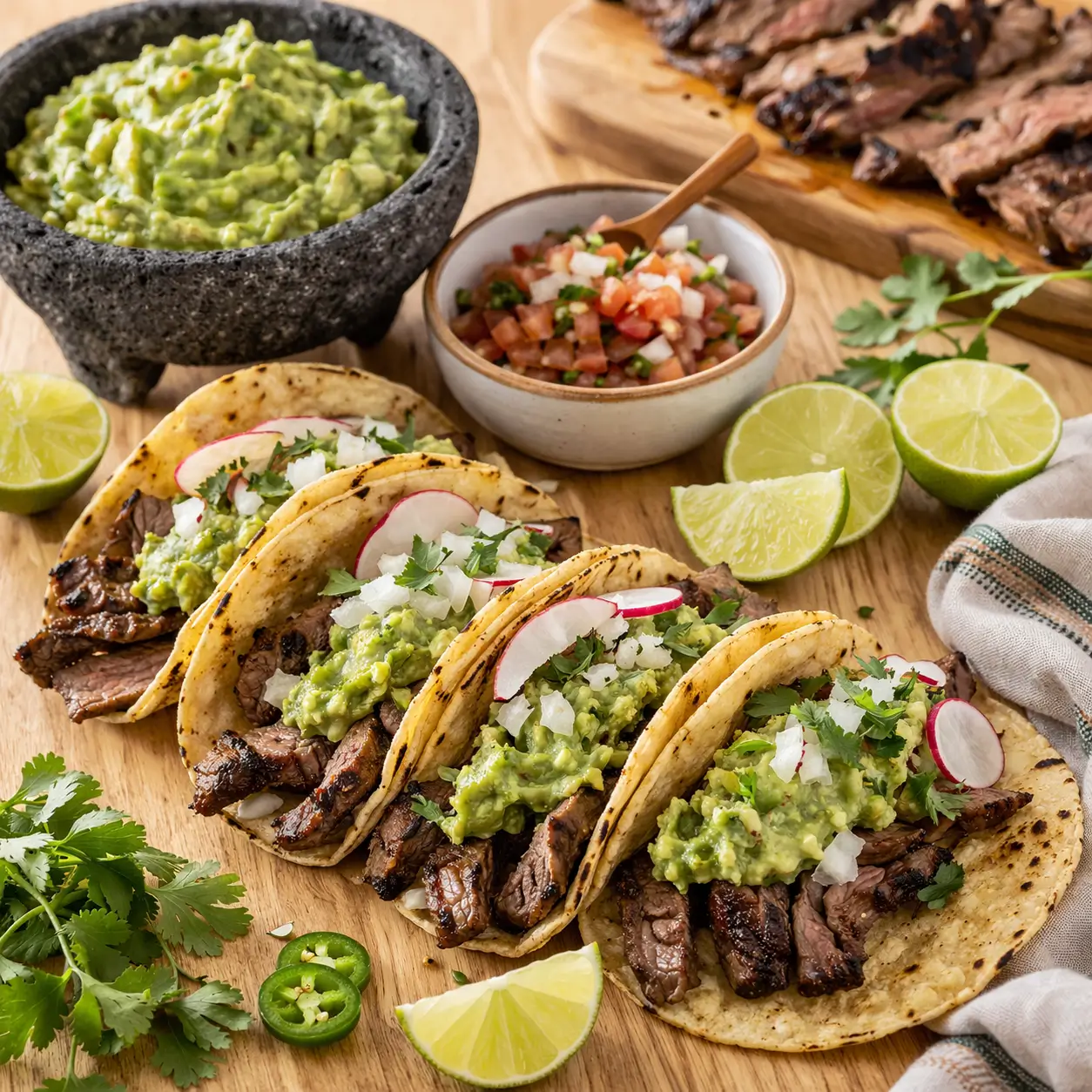 Carne Asada Street Tacos with Guacamole served on a light oak wooden board