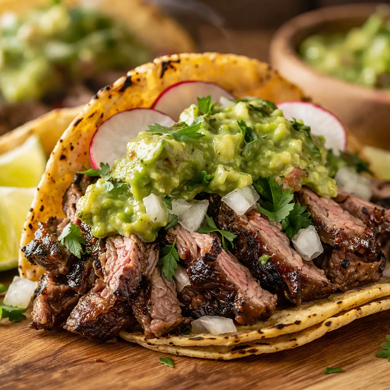 Close-up front view of a Carne Asada Street Taco with Guacamole showing the cross-section of fillings