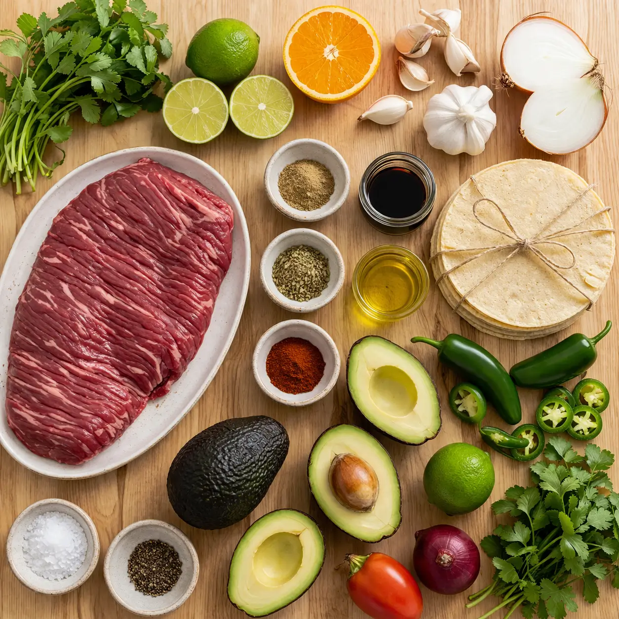 All ingredients for Carne Asada Street Tacos with Guacamole laid out on a wooden table
