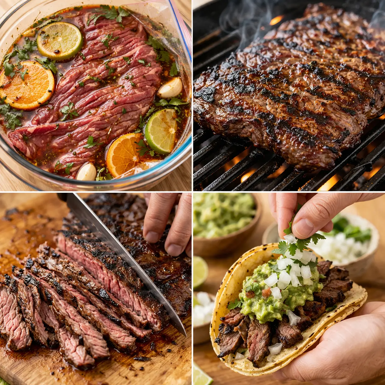 Step-by-step collage showing how to make Carne Asada Street Tacos with Guacamole