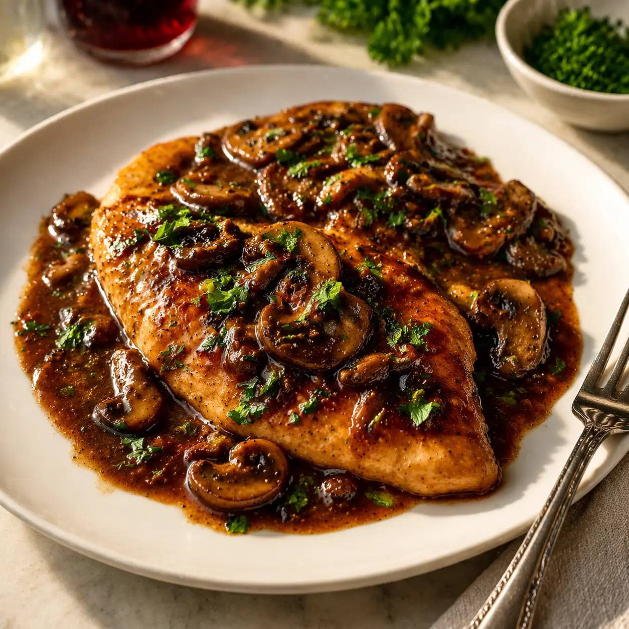 Chicken Marsala plated on a white ceramic dish with Marsala mushroom sauce and fresh parsley