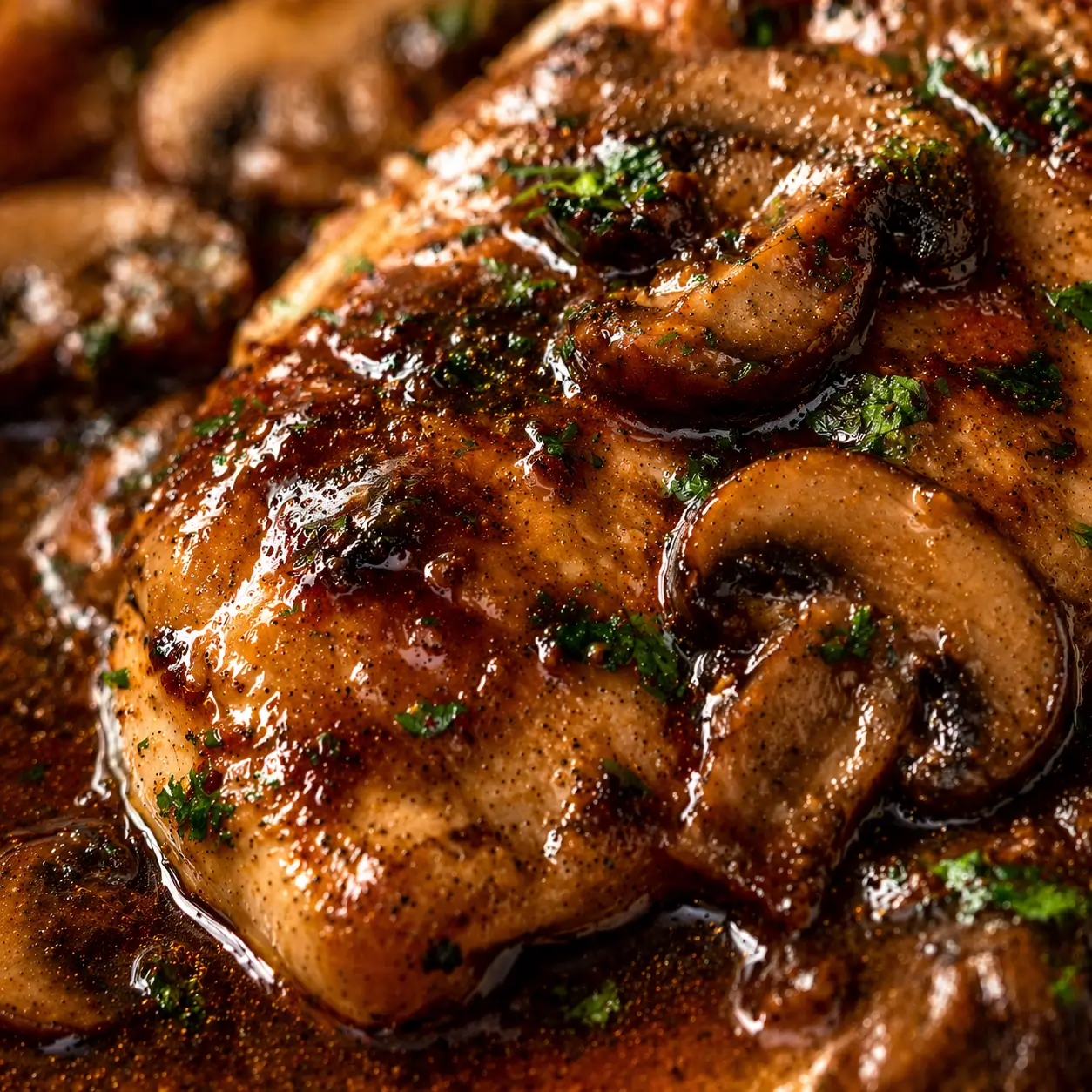 Close-up macro shot of chicken Marsala showing the glossy silky Marsala wine sauce and golden mushrooms over a tender chicken cutlet