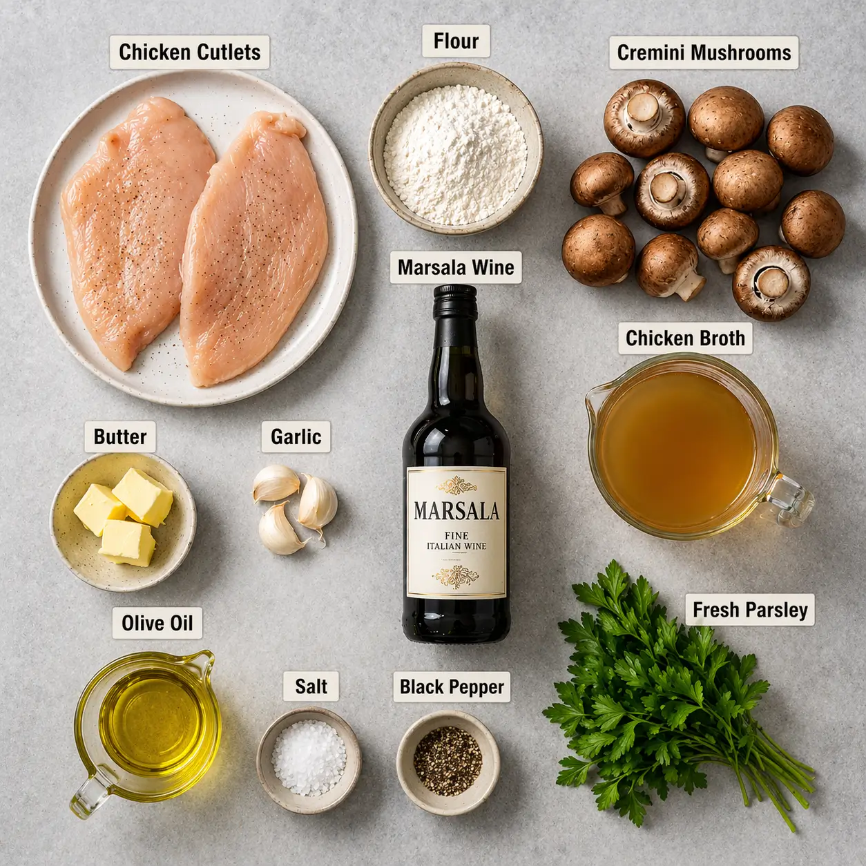 All ingredients for chicken Marsala laid out on a modern grey surface including chicken, mushrooms, Marsala wine and fresh herbs