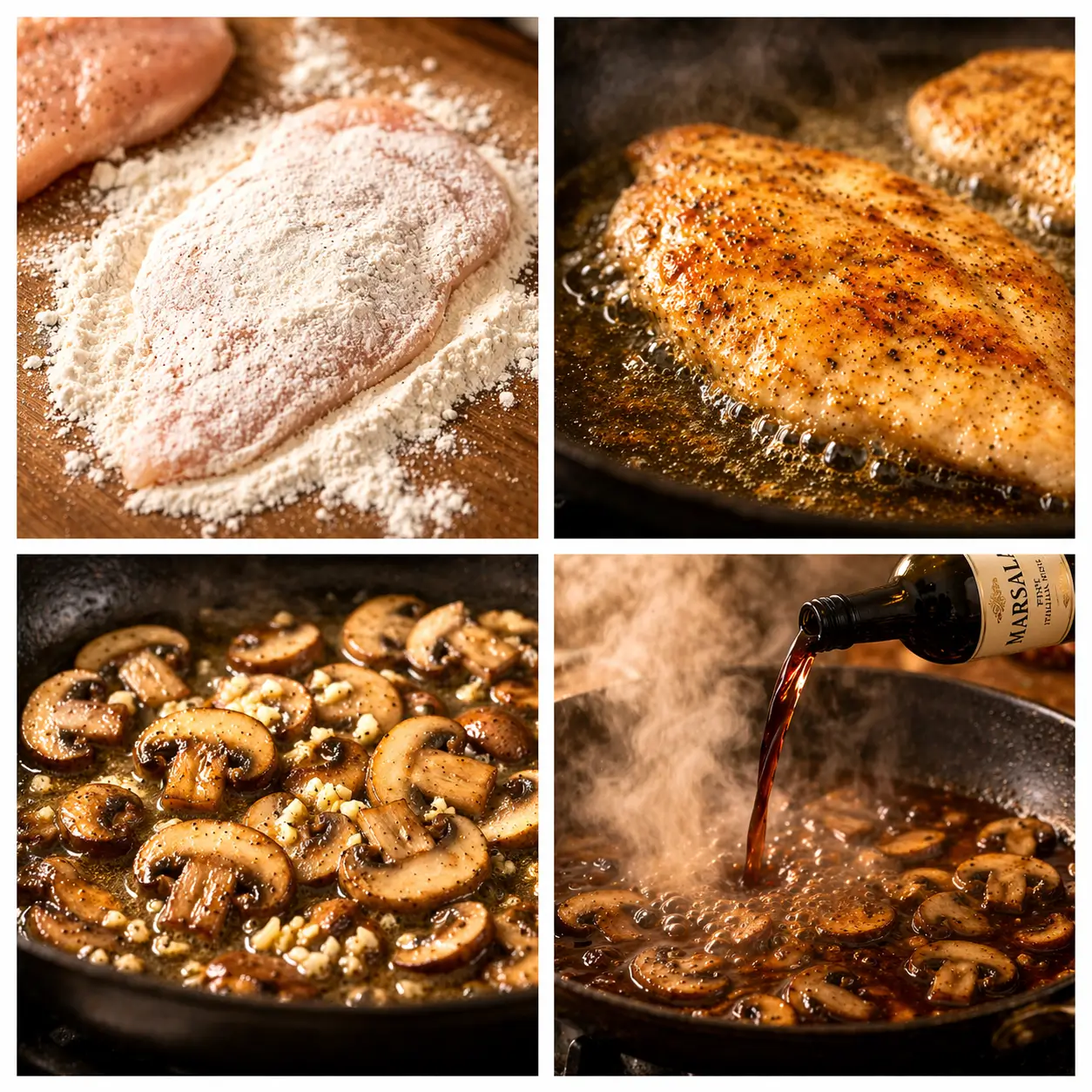 Four-step collage showing the process of making chicken Marsala — dredging, searing, sautéing mushrooms, and deglazing with Marsala wine