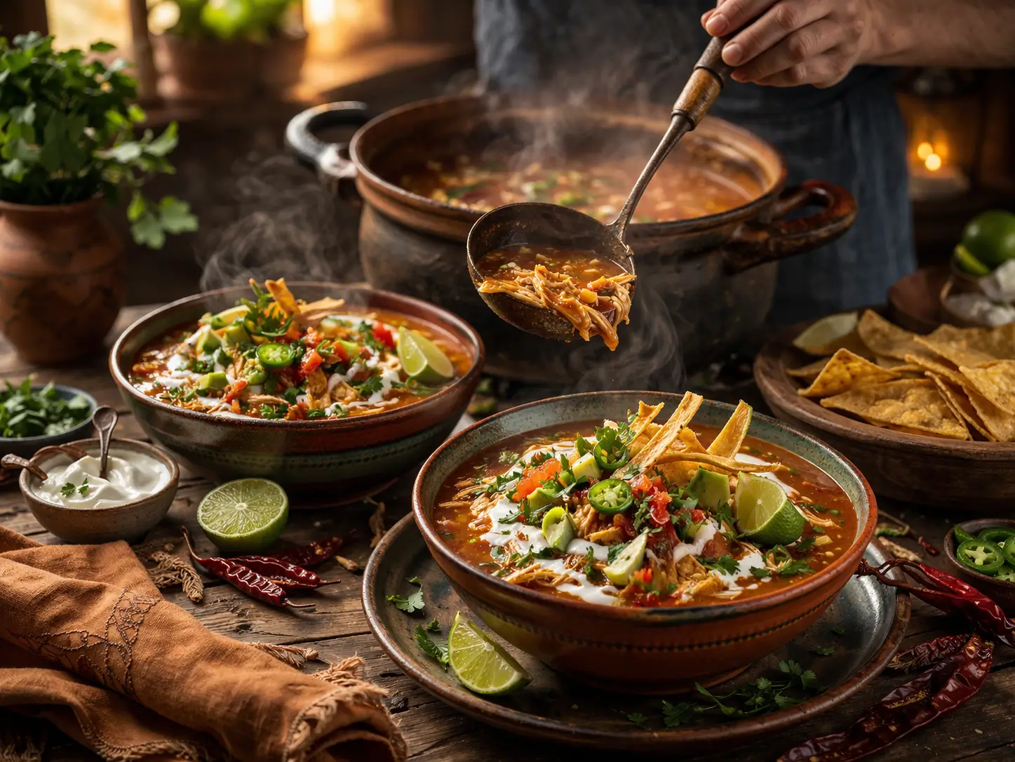 Overhead view of two bowls of chicken tortilla soup with lime crema on a rustic wooden table