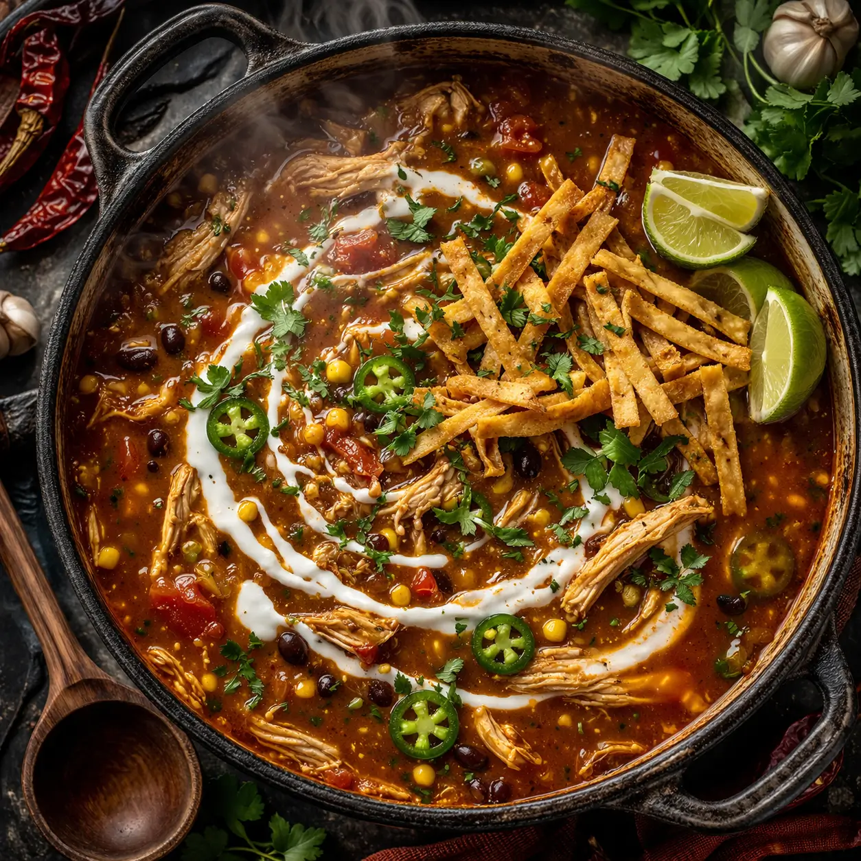 Two bowls of garnished chicken tortilla soup with lime crema being served at the table
