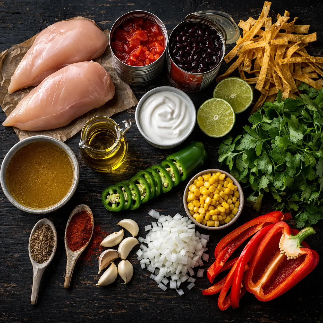 Flat lay of all ingredients for chicken tortilla soup with lime crema on a dark wooden surface